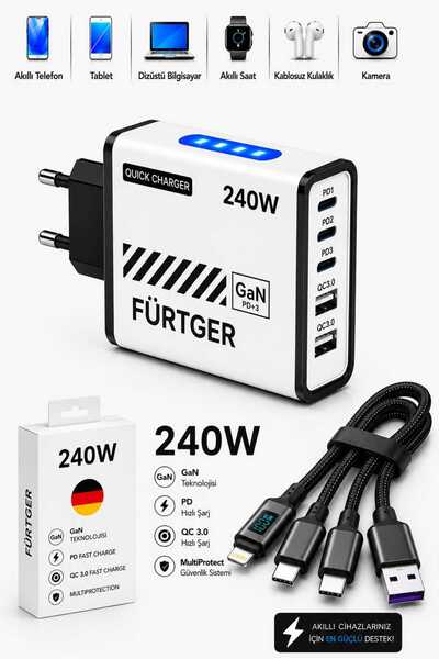 Fürtger 3 Type-C + 2 Usb-A Toplam 5 Çıkışlı + 20W Şarj Aleti + 4 Başlıklı Şar...