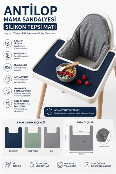 Stork Lacivert Antilop Uyumlu Kaymaz Silikon Mama Sandalyesi Tepsi Matı - BPA...
