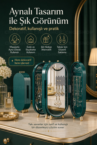 CNGZSHOP Katlanabilir Aynalı Takı Organizeri Standı 3 Bölmeli Seyahat Dostu M...