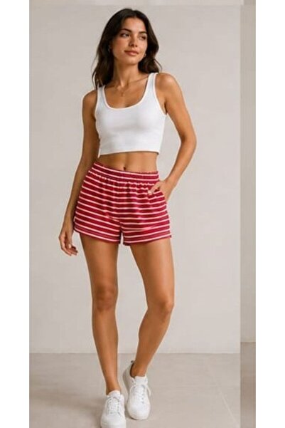 Reçel Renkli beli lastikli cepli short