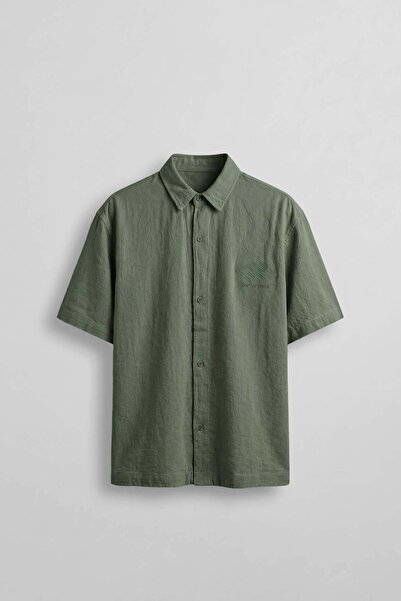 ablukaonline Men's Boxy Fit Embroidered Short Sleeve Cotton Shirt Khaki