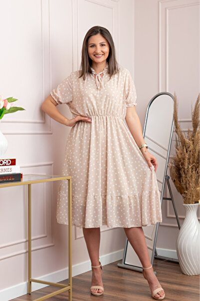 OEM Rochie retro Krista cu buline albe si maneci bufante - Crem