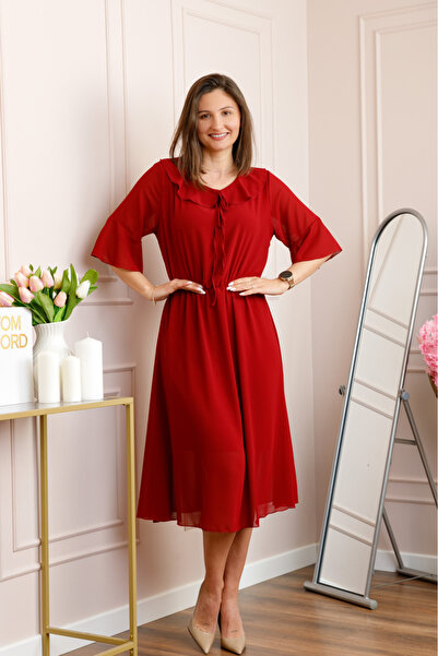 OEM Rochie grena vaporoasa cu elastic in talie si volanas la decolteu Allegra