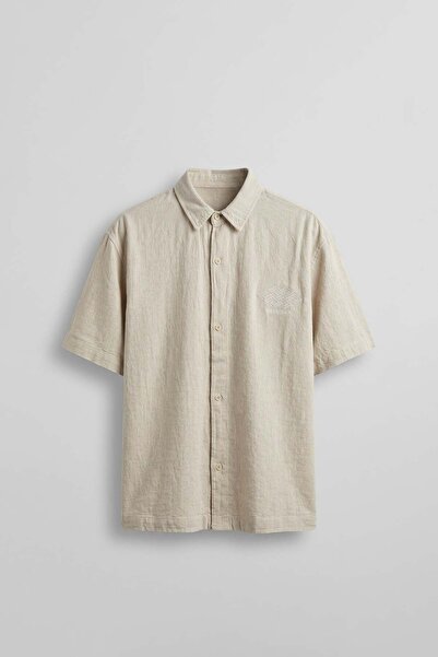 ablukaonline Men's Boxy Fit Embroidered Short Sleeve Cotton Shirt Beige