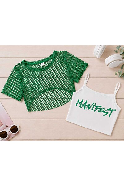 BEBEĞİME ÇORAP Crop Printed Body T-Shirt with Mesh Detail on Top