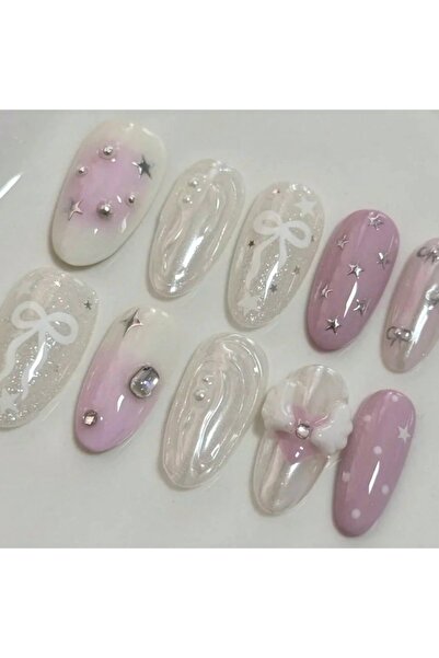 Choice SJ0514-M 10 hand pressed oval nails, beautiful fake nails, pink and wh...