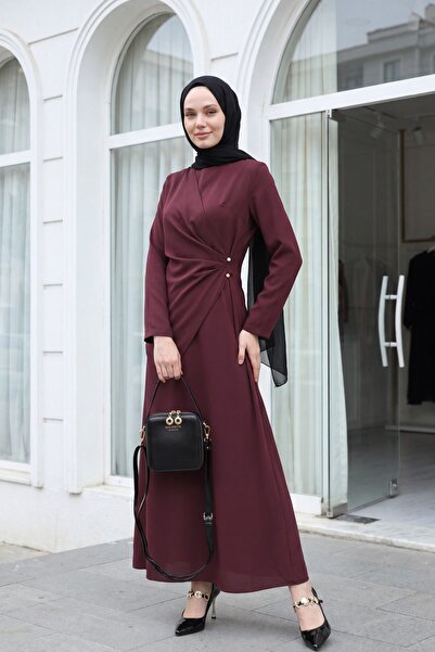 Modamorfo Crossed Allerli Buckle Round Neck Imported Crepe Dress - Plum