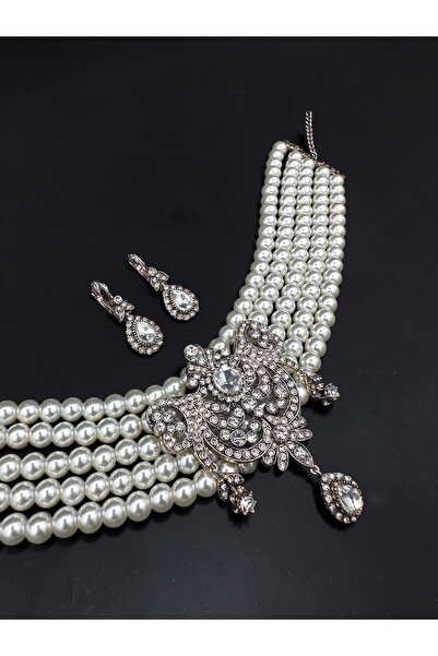 FUYA JEWELLERY Damla Sallantılı Zirkon Taşlı İnci Tasma Kolye, Küpe Set