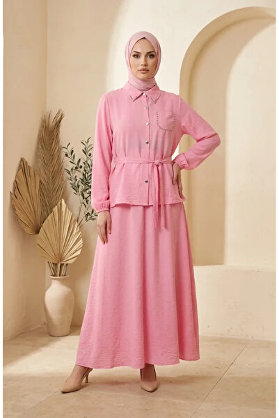 sefamerve Stone Detailed Buttoned Hijab Double Set 0329-06 Pink