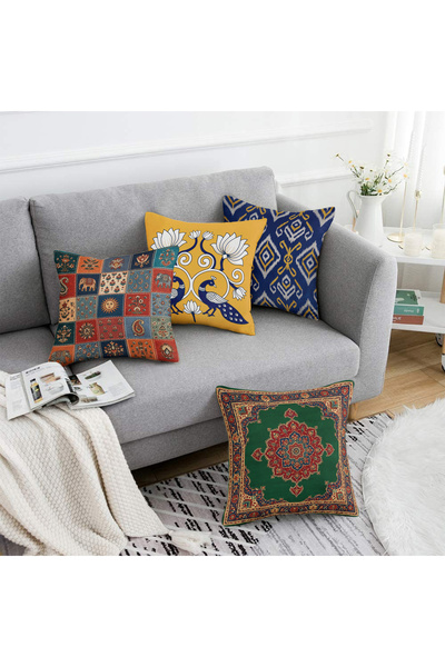 Realhomes Çift Tarafli Süet Etnik Tavus Kuşu ve Fil Desenli 4'lü Kırlent Kılıfı Seti - Otantik Kilim ve Geometrik Yastık Kılıfı