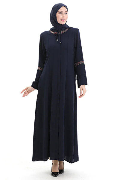 sefamerve Plus size embroidered abaya with concealed zipper 6193-04 navy blue