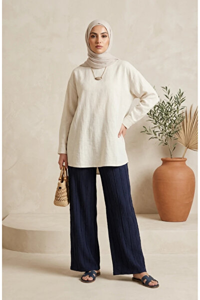 sefamerve Elastic Waist Textured Knitted Trousers 0740-04 Navy Blue