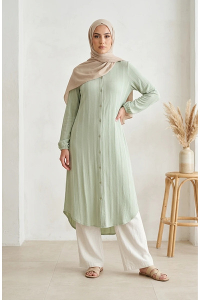 sefamerve Buttoned Striped Linen Tunic 0331-07 Khaki