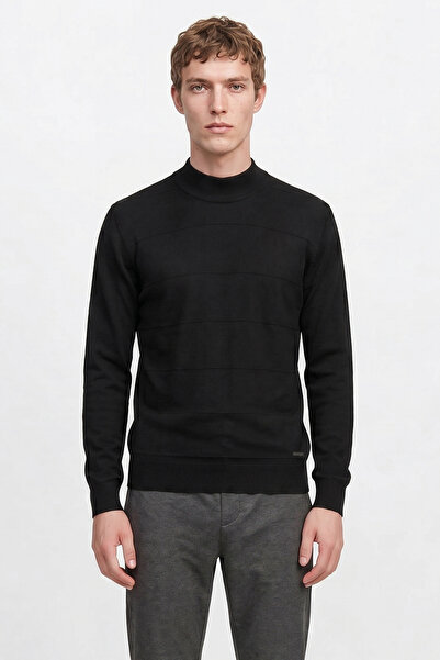 ALTINYILDIZ CLASSICS Men's Black Standard Fit Regular Cut Half Turtleneck Tex...