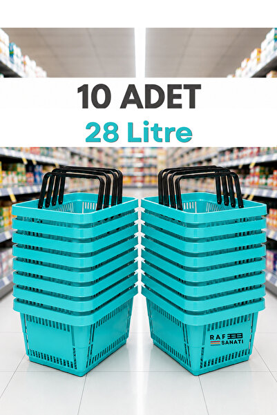 Raf Sanatı 10 Adet - 28 Litre Plastik Market Alışveriş Sepeti Saplı Dayanıklı...