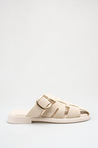 ELAIA SHOES Alexa Beige Suede Belt Detailed Flat Sole Women's Slippers