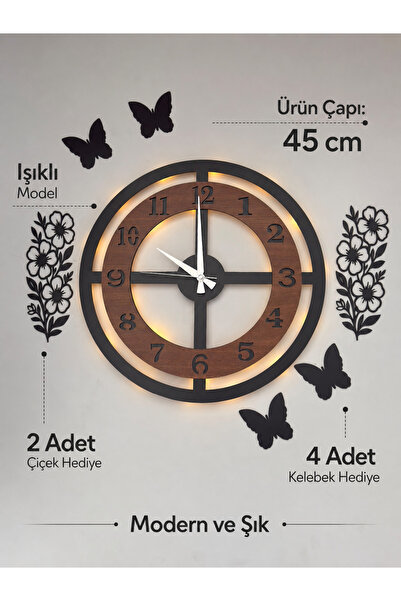 MORPELA Dekoratif LED Işıklı Duvar Saati ceviz- siyah renk – 45 cm Modern Ses...