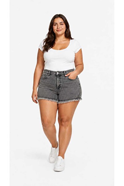 GERONİS Plus Size Gray Color Tasseled Women's Shorts