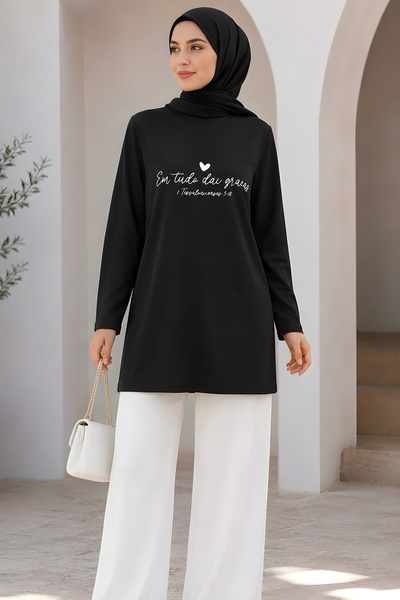 İmajButik Siyah Bisiklet Yaka Baskılı Penye Tunik