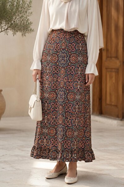 İmajButik Mor Bel Lastikli Desenli Viscon Etek