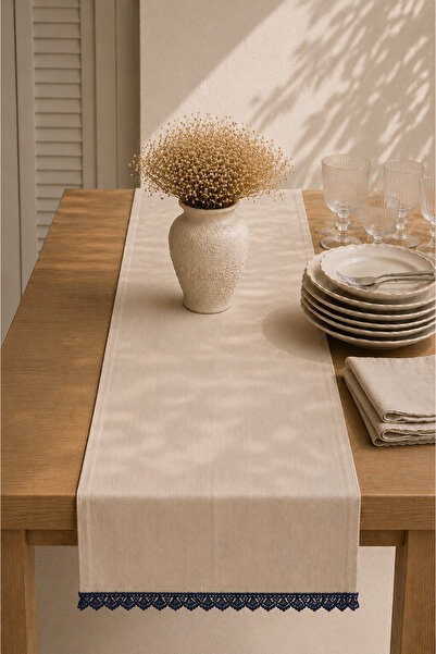 Typoniq Attitude Included Riviera 100% Cotton Runner Ecru-Navy Blue 50X150 cm