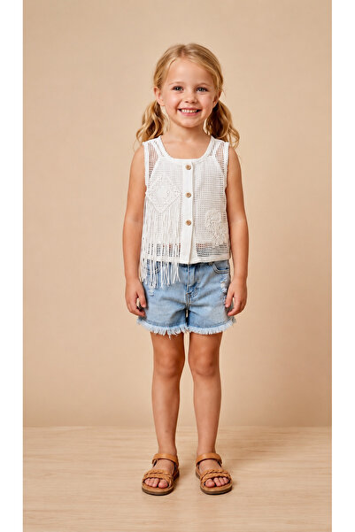 OVRCLUB Girl's Tassel Detailed Blouse Shorts Set Summer Two-Piece Set White B...