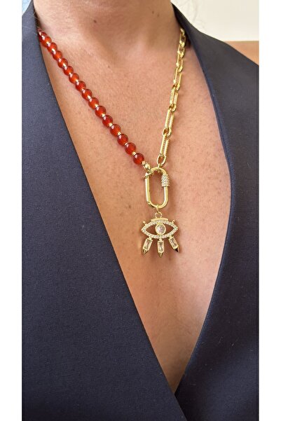 AlfaCollection Stainless Steel Eye Pendant with Red Bead Detail