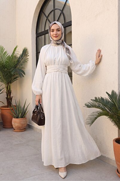 Modamorfo Beli Belted, Elasticated Sleeves, Brooched, Lined Linen Look Dress ...