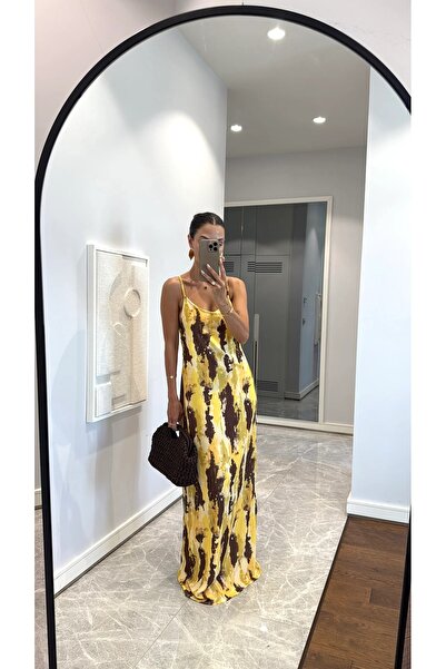 LOS FECHKA Women's Yellow Brown Patterned Satin Stylish Summer Dress