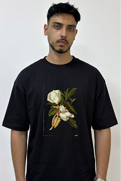 Anetos Magnolia Drawing Design Printed Oversize Black T-Shirt