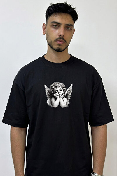 Anetos Melek Bebek_1 Design Printed Oversize Black T-Shirt