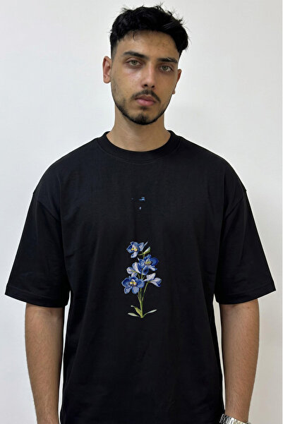 Anetos Blue Delphinium Design Printed Oversize Black T-Shirt