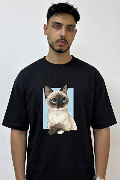 Anetos Siamese Cat_1 Design Printed Oversize Black T-Shirt