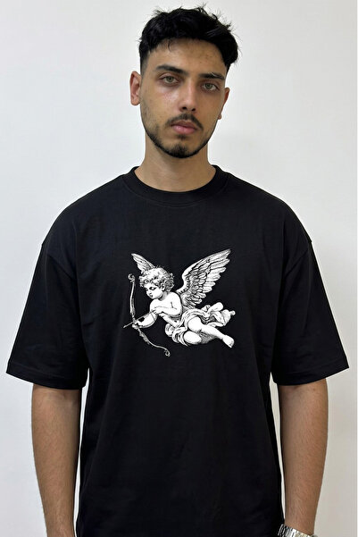 Anetos Cupid Ask Design Printed Oversize Black T-Shirt