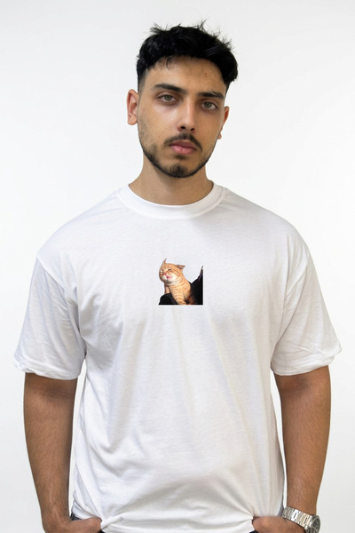 Anetos Funny Cat Design Printed Oversize White T-Shirt