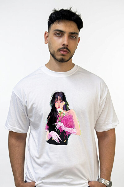 Anetos Lisa Blackpink_1 Design Printed Oversize White T-Shirt