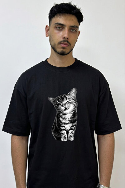 Anetos Spotted Cat Design Printed Oversize Black T-Shirt