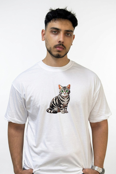 Anetos Tekir Kedi_1 Design Printed Oversize White T-Shirt
