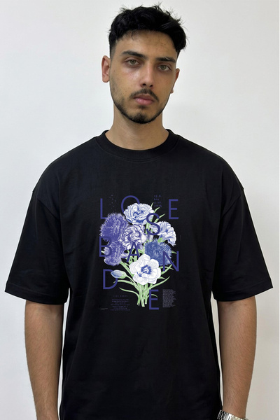 Anetos Blue Flowers Design Printed Oversize Black T-Shirt