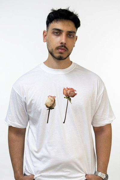 Anetos Dried Rose Design Printed Oversize White T-Shirt