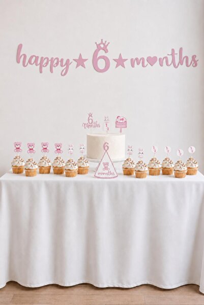 Patladı Gitti 6 Ay Temalı Kız Bebek Parti Seti – Happy 6 Months Banner, Pasta...