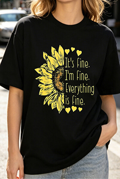 Fleck تي شيرت نسائي مطبوع عليه عبارة Sunflower Its Fine Im Fine Everything Is...