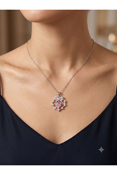 LUXENYA DESİGN Steel Pink Heart Stone Bow Detailed Women's Necklace Gold-Silv...
