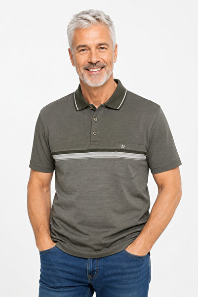 bihan store Men's Jacquard Panel Polo Collar T-Shirt 1968-Khaki