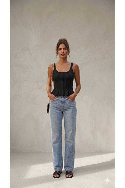 FİFTY ONE Women's Ribbed Firfir Detail Knitwear Tank Top Blouse