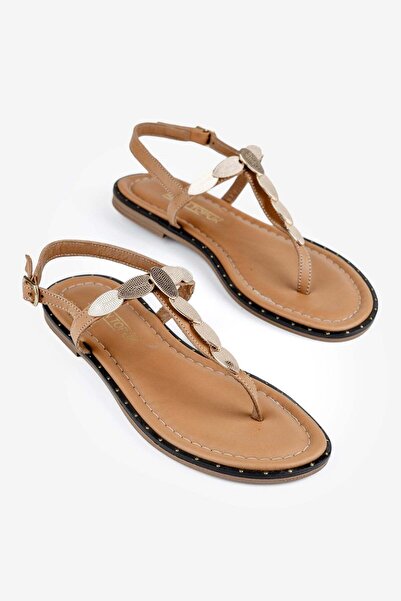 ALTIN TOPUK Tan Genuine Leather Flip-Flop Women's Sandals with Gold Buckle De...