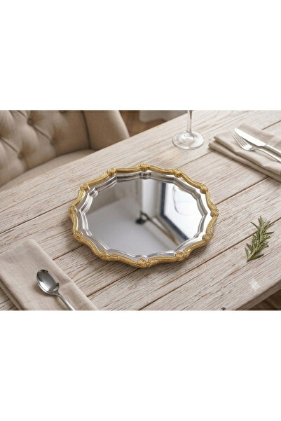 MAHUR HOME ÇELİK YUVARLAK DALGALI 1'Lİ GOLD ÇERÇEVELİ KAHVE SUNUM TEPSİSİ