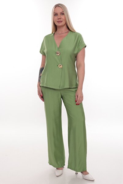 etselements V-Neck Button Detailed Short-Sleeved Linen Suit