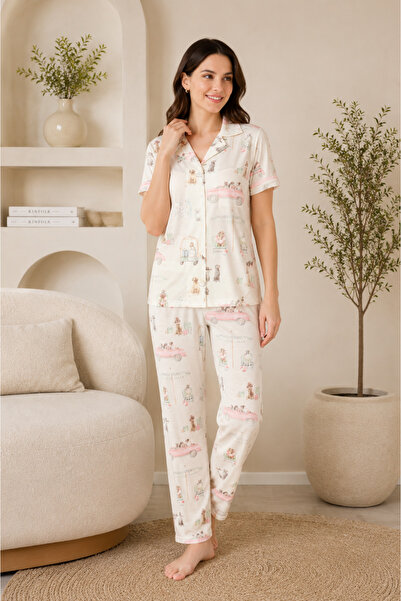 Wordex Mirano 4857 Digital Printing Fabric Buttoned Short Sleeve Women's Paja...