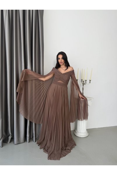 Serica Moda Brown Pleated Strapless Evening Dress with Sleeve Detail